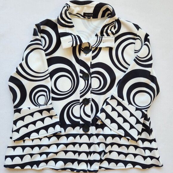 Damee Short Jacket Blazer Black White Geometric Circle Print Art Modern Unique M - Picture 4 of 10